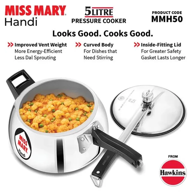 Hawkins Miss Mary Aluminium Inner Lid Handi Pressure Cooker - With Handle, Silver, MMH50, 5 l-2.webp